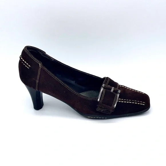 Y2K Aerosoles Leather Suede Loafers Pumps with Buckle and White Stitchin… - Picture 1 of 9